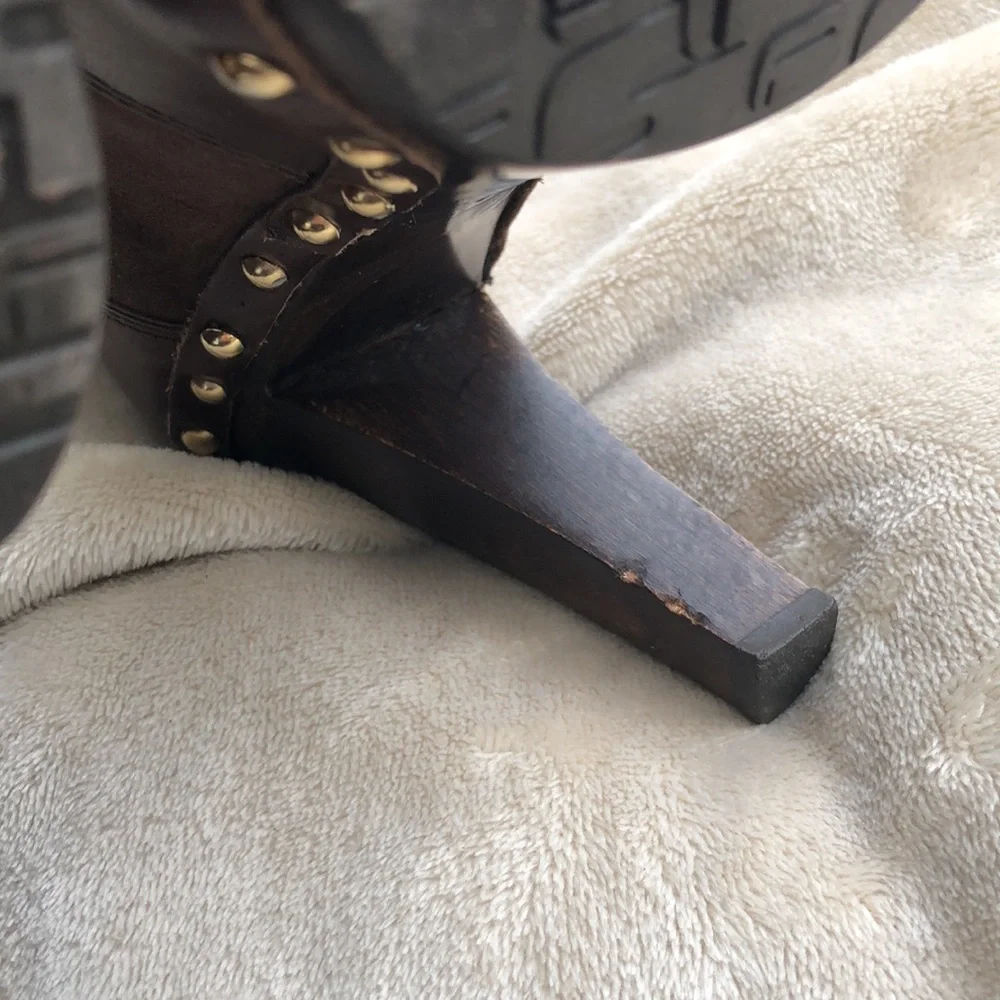 SERGIO ROSSI Chocolate Brown Suede/Leather Over the Knee Boot with Gold Studs